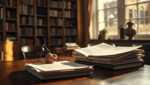 Pessoa escrevendo textos persuasivos em caderno com livro aberto ao fundo criando textos persuasivos estrat&eacute;gicos