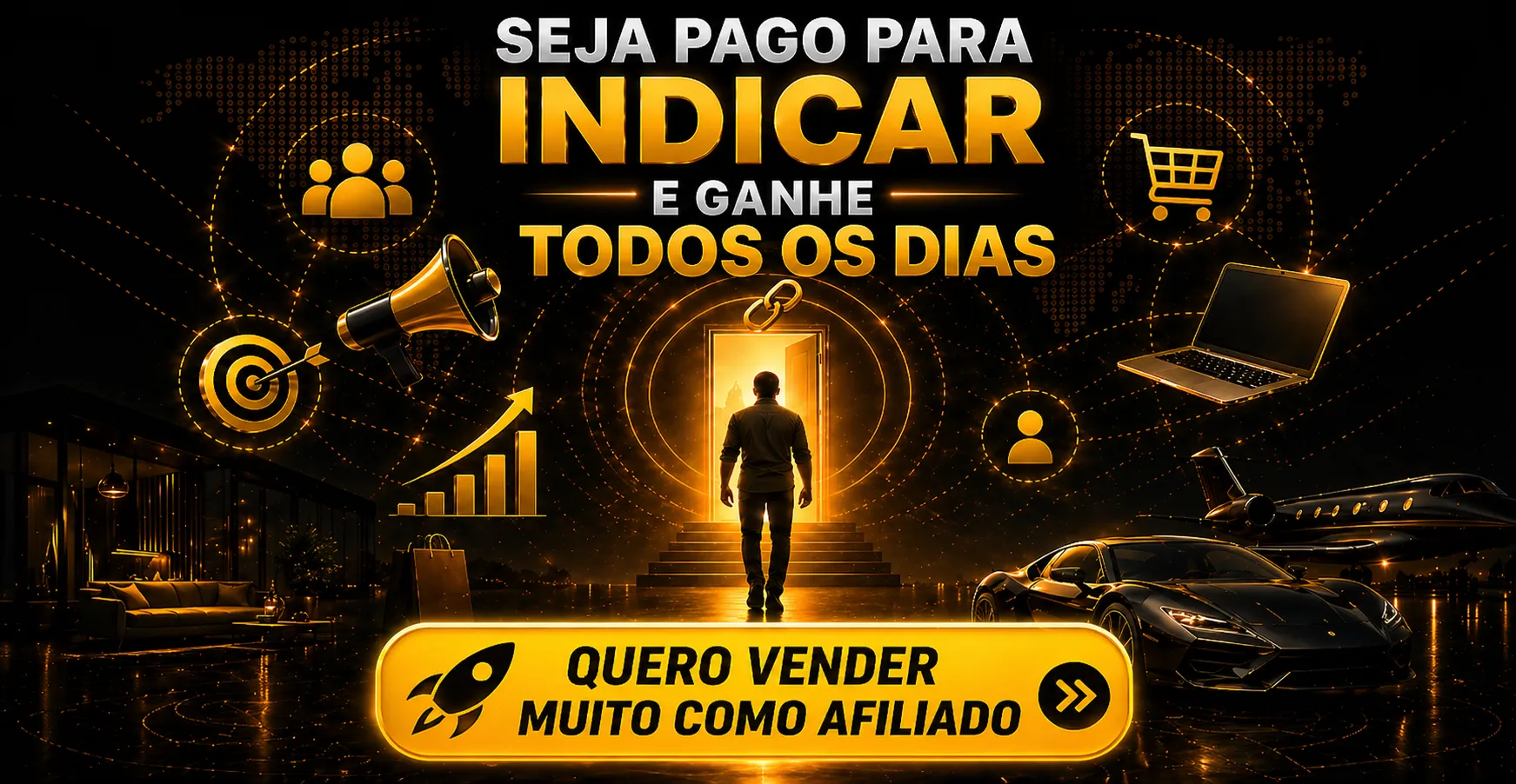 Pessoas sendo pagas para indicar produtos e ganhar todos os dias com marketing de afiliados em cen&aacute;rio premium dourado.