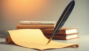 Pessoa estruturando textos persuasivos com pena e livros sobre a mesa de escrita.