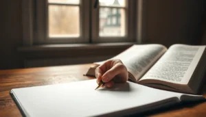 Pessoa escrevendo em caderno aberto para estruturar textos persuasivos.
