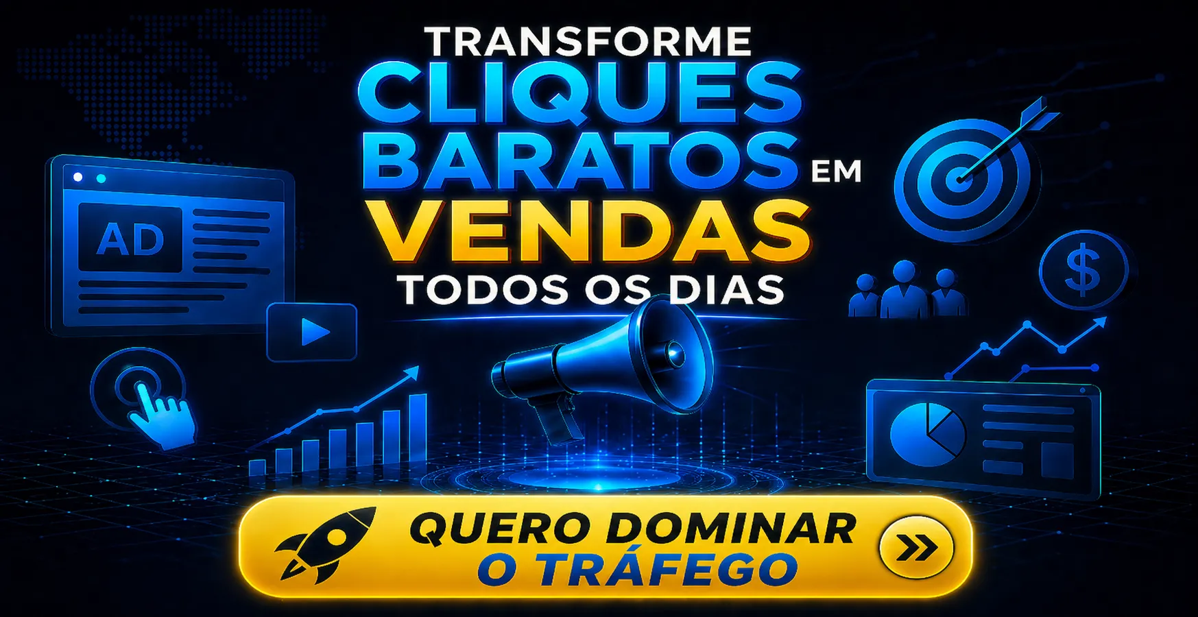 Banner de tr&aacute;fego pago com chamada para dominar Google Ads e Facebook Ads e aumentar vendas todos os dias.