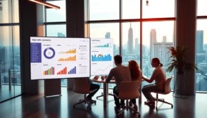Equipe analisando métricas e gráficos para criar campanhas lucrativas de tráfego pago.