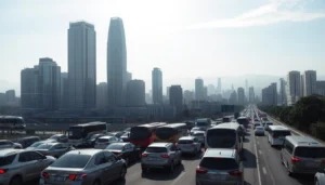 Tr&acirc;nsito intenso em cidade representando fluxo e campanhas lucrativas de tr&aacute;fego pago.