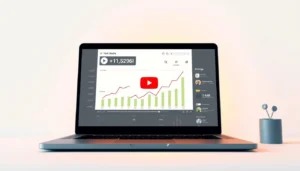 Notebook com gráfico de crescimento no YouTube representando ganhar dinheiro no YouTube sem aparecer.
