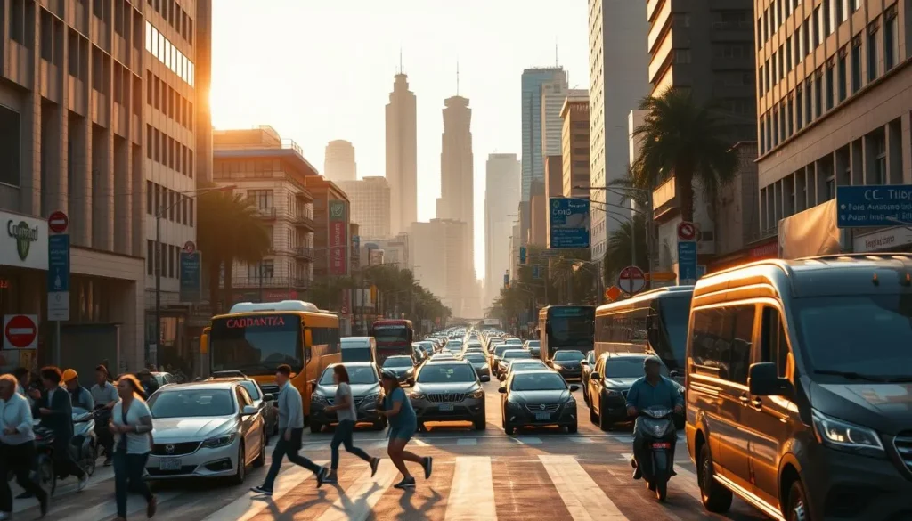 Tráfego intenso em rua movimentada com carros e pessoas