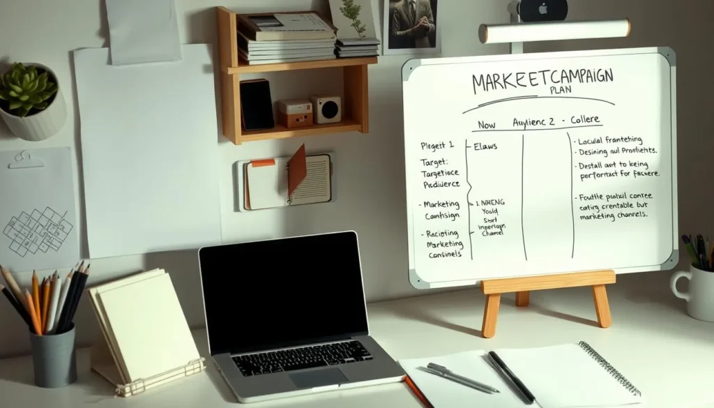 Planejamento de campanhas de marketing com notebook e quadro
