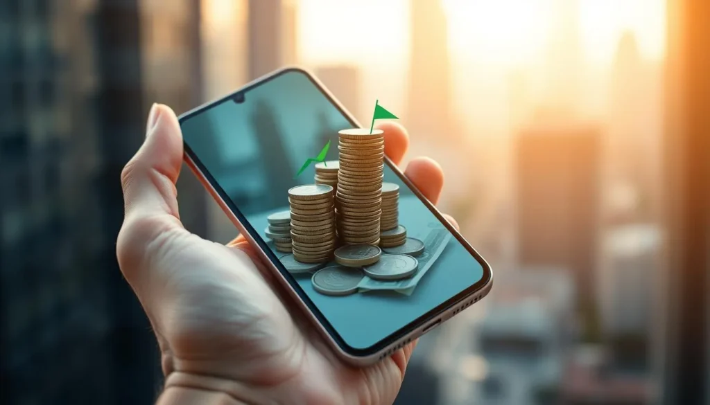 Celular mostrando crescimento de dinheiro e renda online