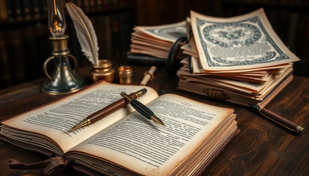 Livro antigo aberto com pena e documentos antigos representando a História