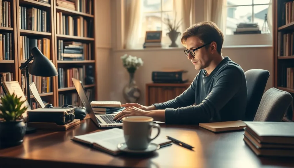 Pessoa escrevendo histórias no notebook em ambiente tranquilo