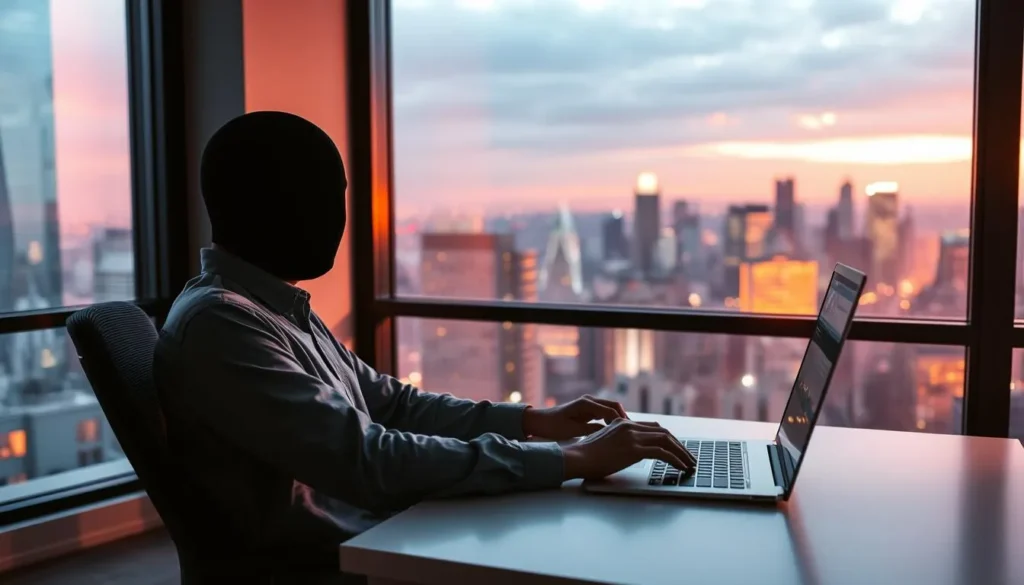 Afiliado profissional trabalhando no notebook em ambiente moderno