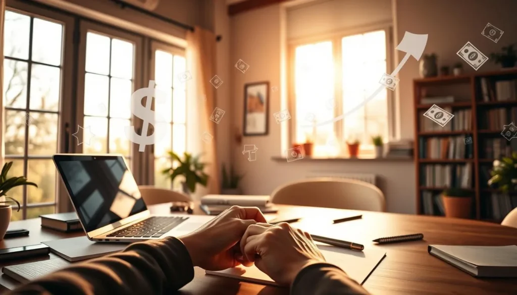 Renda online sendo gerada com notebook em casa