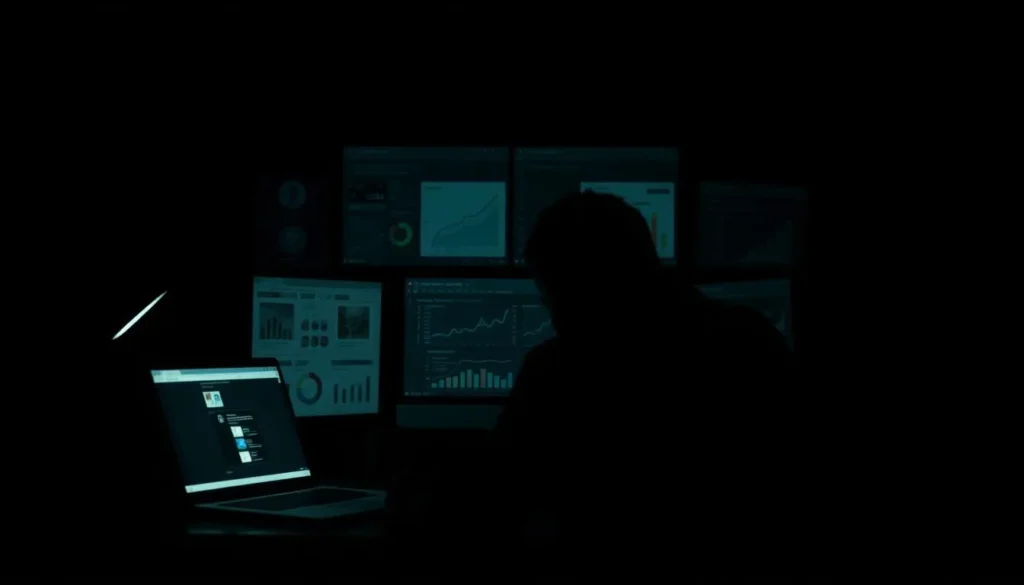Pessoa analisando dados em ambiente escuro com método oculto