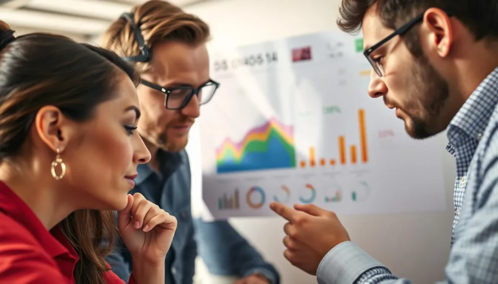 Equipe analisando campanha que não converte em gráfico