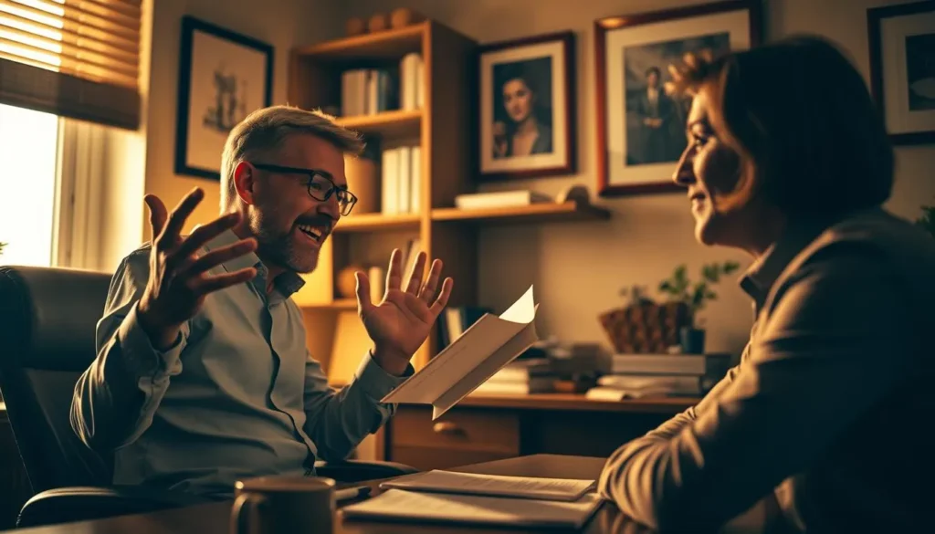 Pessoa contando uma história em conversa envolvente