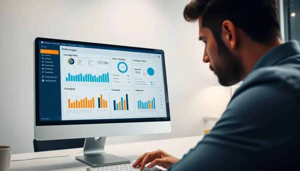 Profissional analisando métricas de tráfego pago no computador