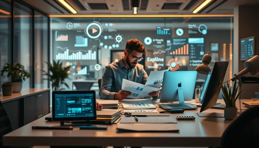 Profissional analisando dados de marketing digital em múltiplas telas