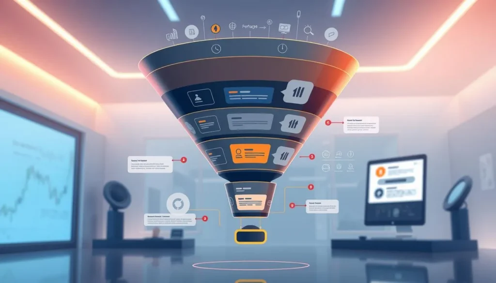 Funil de marketing digital representando estratégias e conversão online