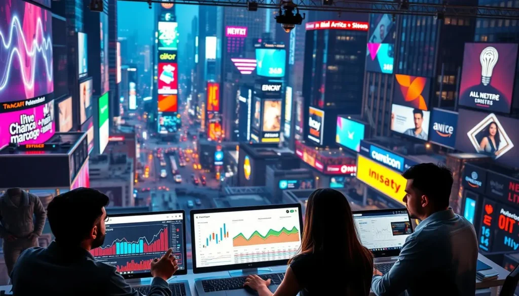 Equipe analisando campanhas de tráfego pago com múltiplos dashboards