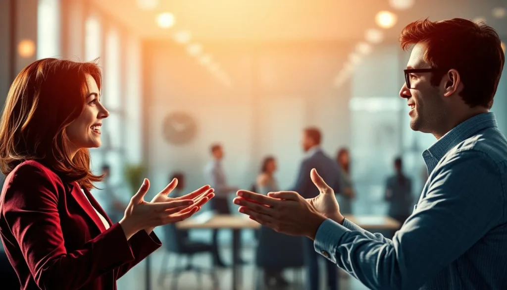 Duas pessoas conversando e utilizando técnicas de persuasão em ambiente profissional