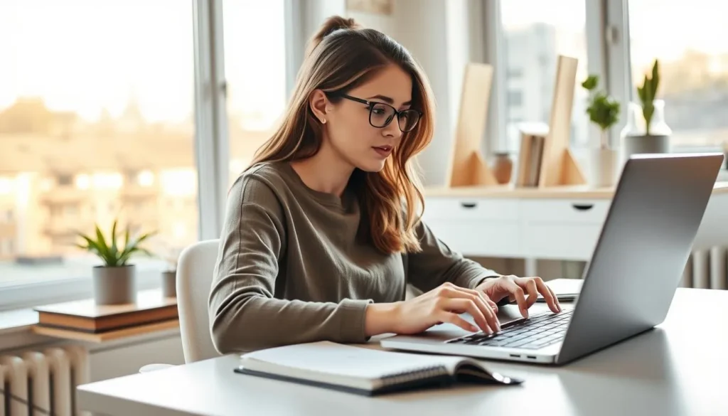 Mulher trabalhando pela internet no notebook em home office