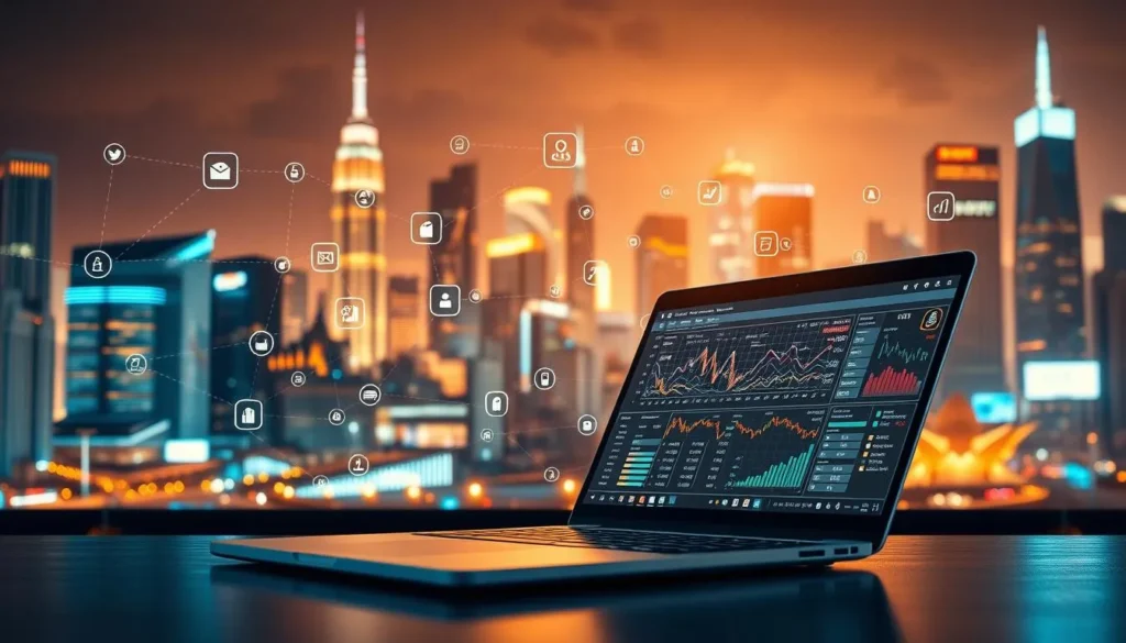 Notebook com gráficos representando negócios digitais e crescimento online