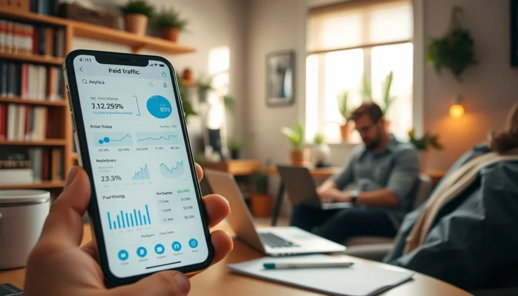 Celular com métricas de tráfego pago sendo analisadas em tempo real