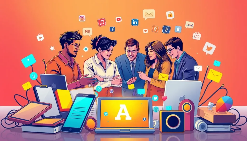 Equipe utilizando dispositivos digitais para marketing de afiliados