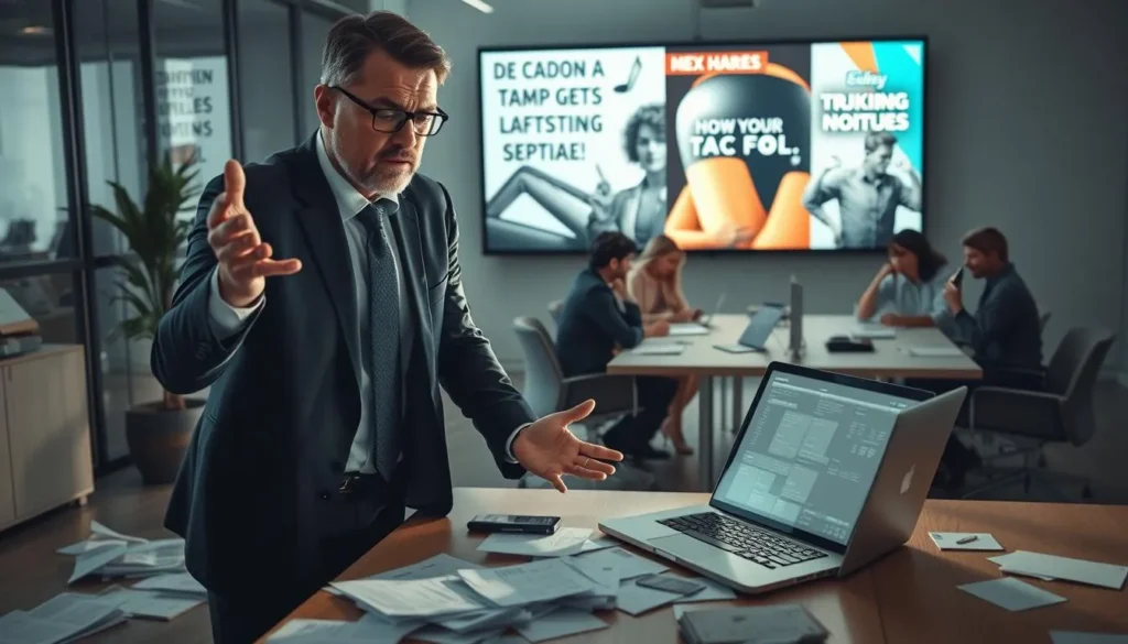 Homem tentando entender estratégias de marketing digital em ambiente corporativo