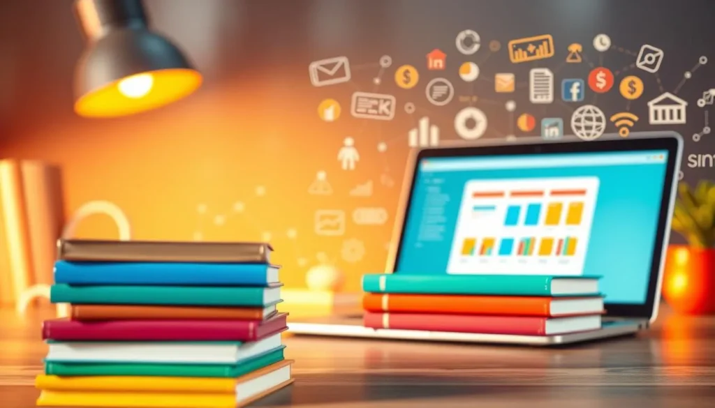Livros e notebook com gráficos representando ganhar dinheiro na internet