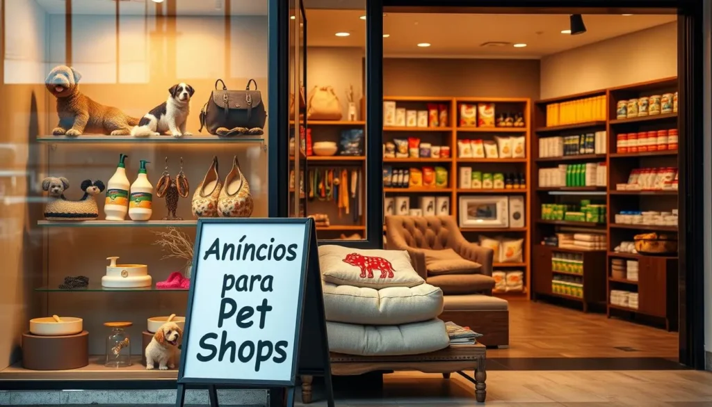 Vitrine de pet shop com produtos e anúncio de marketing para pet shops