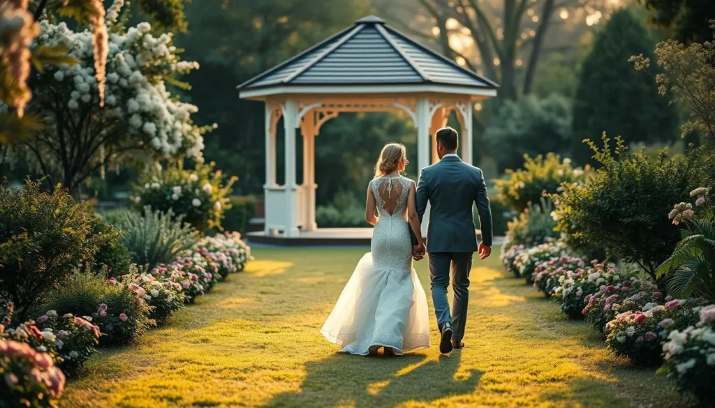 Casal caminhando em cerimônia de casamento ao ar livre