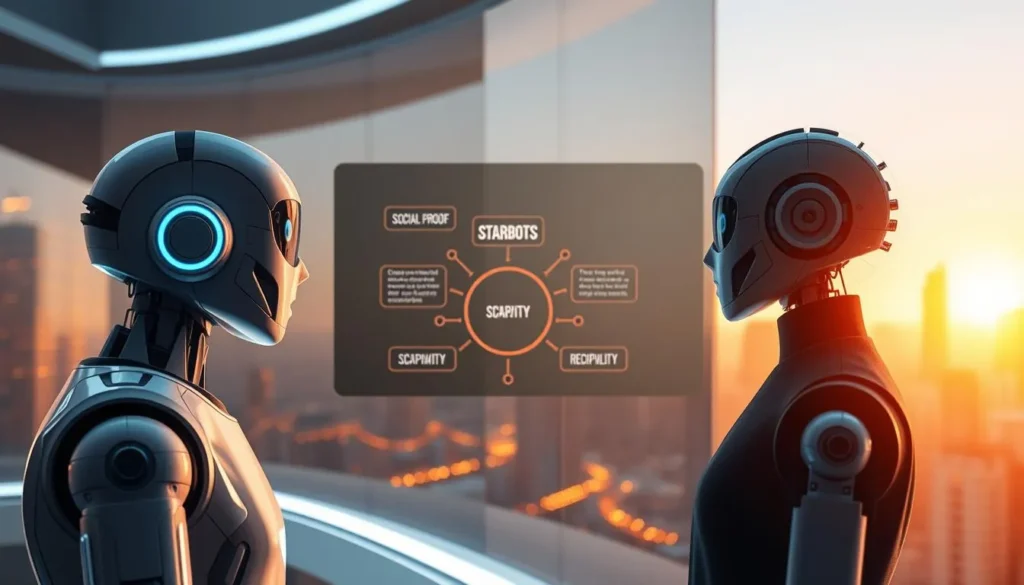 Robôs interagindo com interface digital representando chatbots