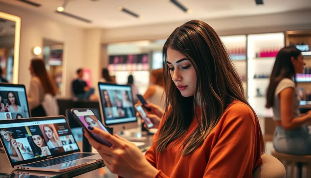 Profissional de beleza analisando tendências e produtos digitais