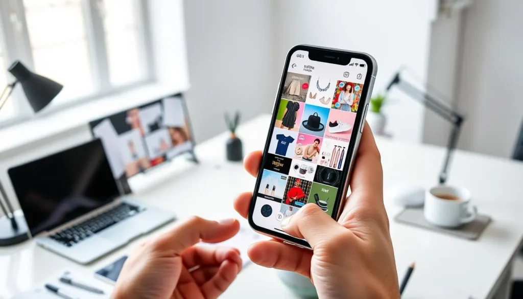 Pessoa navegando no Instagram em celular no ambiente de trabalho