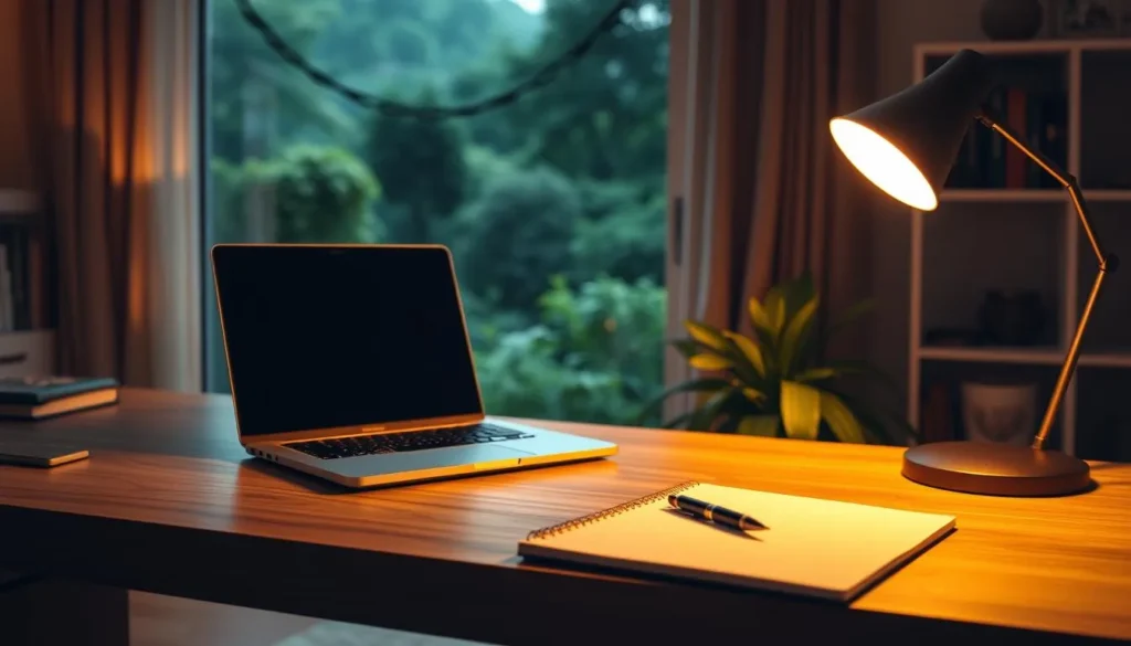 Notebook e caderno em mesa representando início no marketing digital