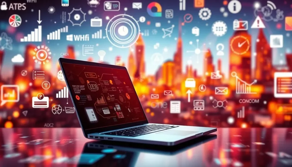 Notebook com gráficos e ícones digitais representando negócio online