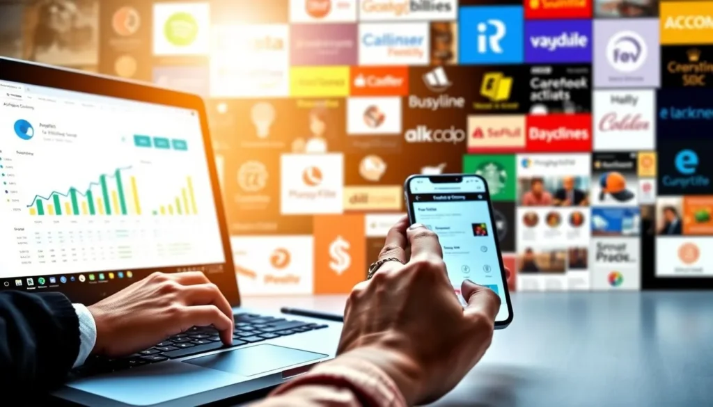 Pessoa usando celular e notebook analisando programas de afiliados