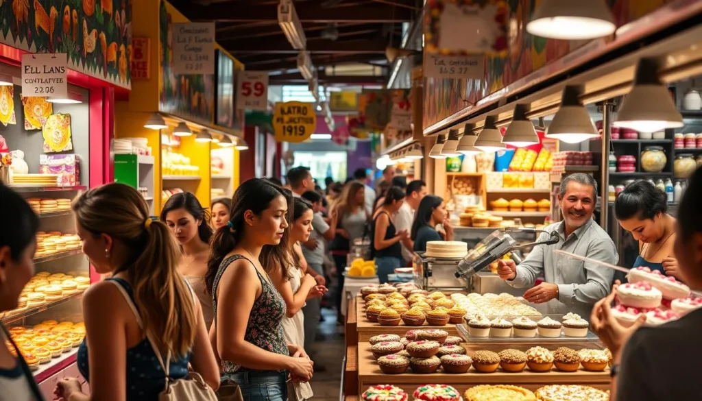 Clientes comprando doces em confeitaria movimentada