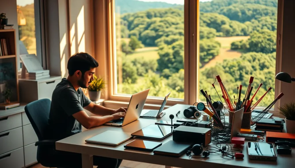 Homem trabalhando em casa no computador criando fonte de renda online
