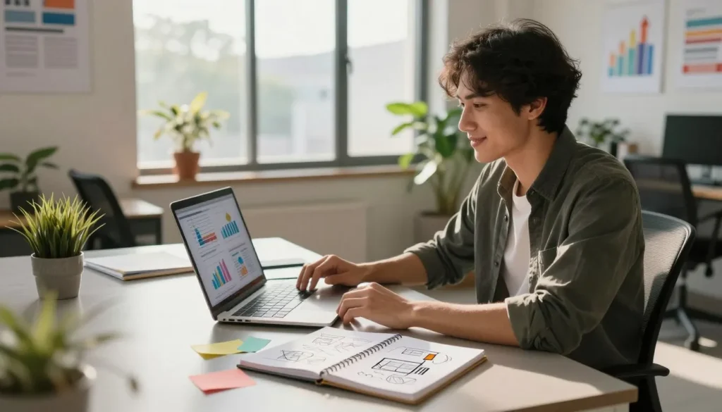 Jovem analisando dados de tráfego pago no notebook em ambiente de trabalho