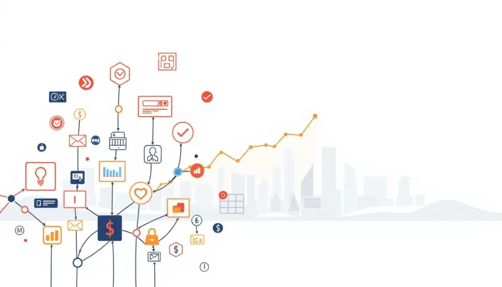 Gráfico de crescimento com conexões digitais representando escala de comissões