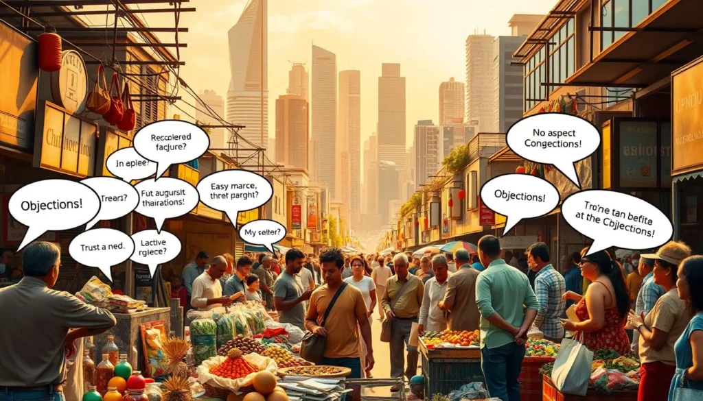 Pessoas em mercado debatendo objeções e argumentos persuasivos