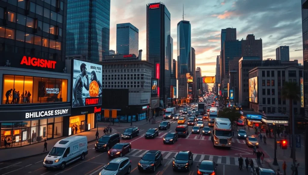 Cidade movimentada representando expansão de negócios e crescimento