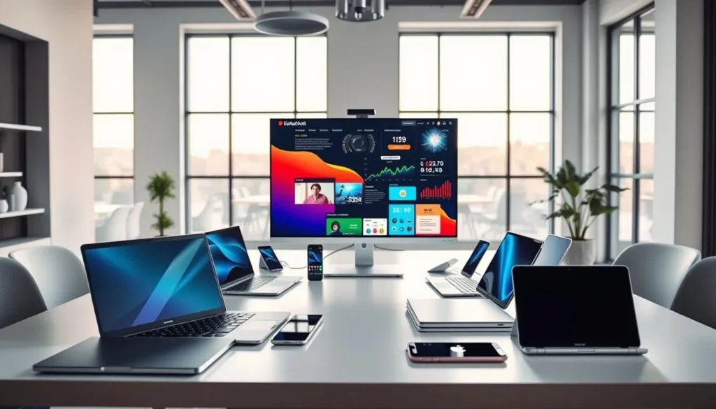 Produtos de tecnologia como notebooks, tablets e smartphones em mesa