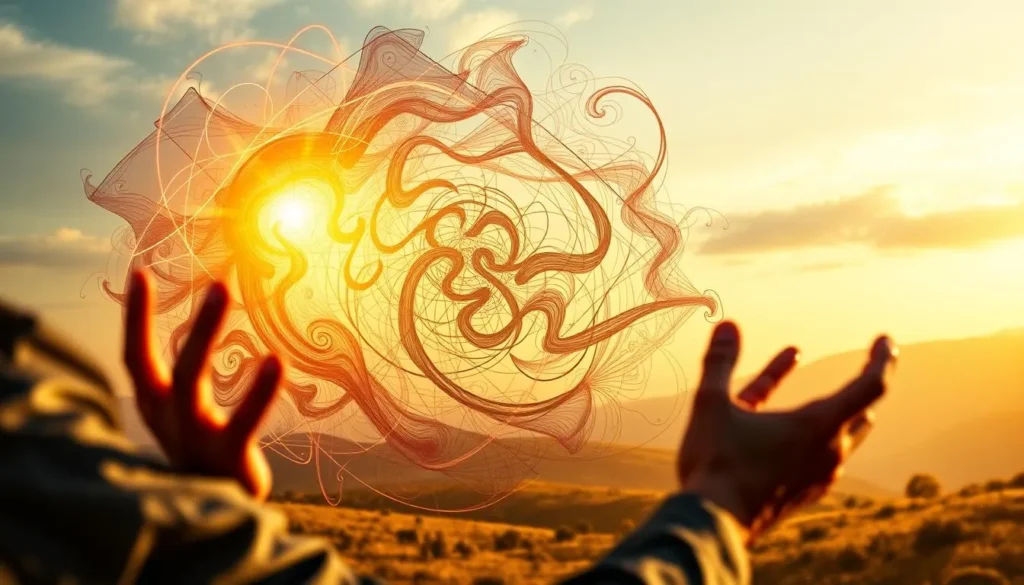 Mãos manipulando energia luminosa representando influência e persuasão