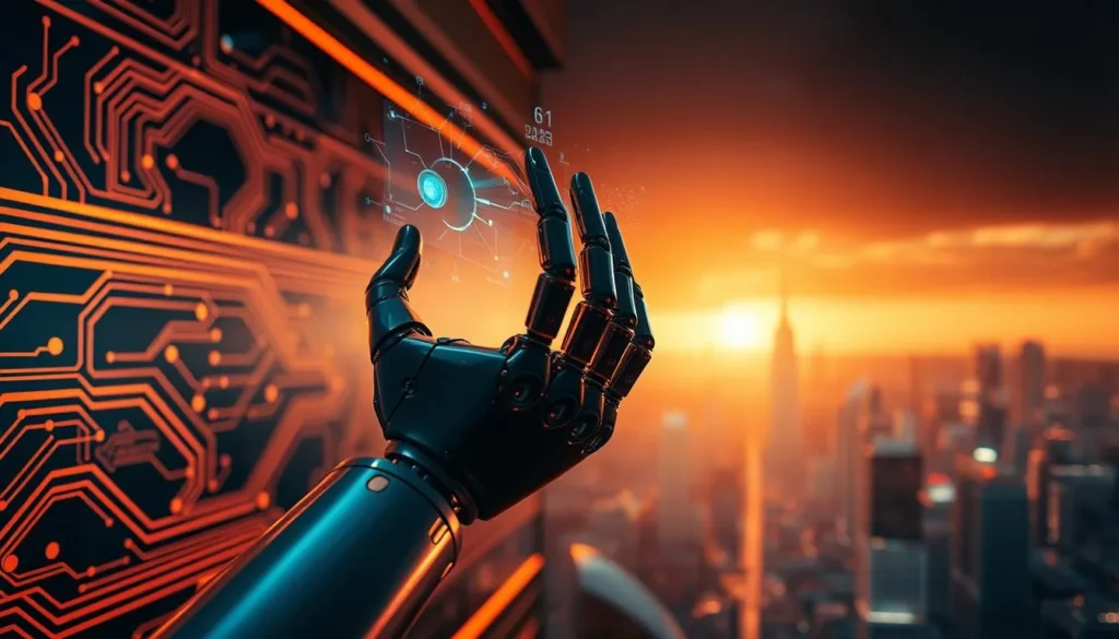 Mão robótica interagindo com interface digital representando inteligência artificial