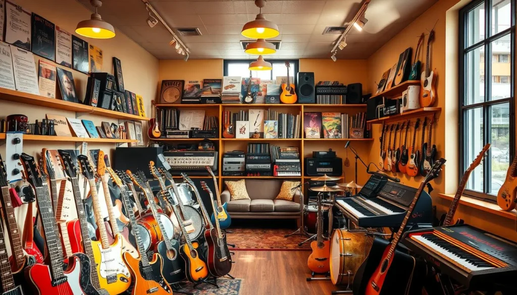 Loja com diversos instrumentos musicais como guitarras e teclados