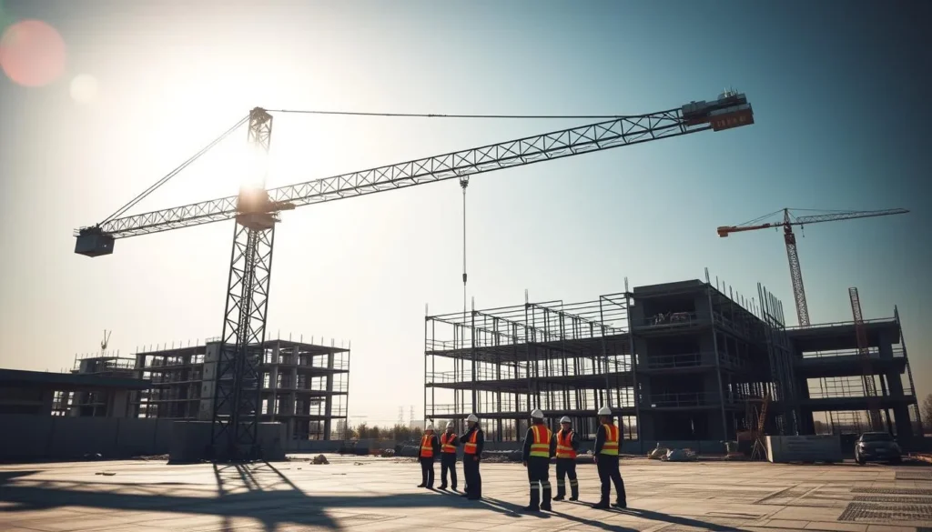 Obra de construção civil com guindaste e equipe trabalhando