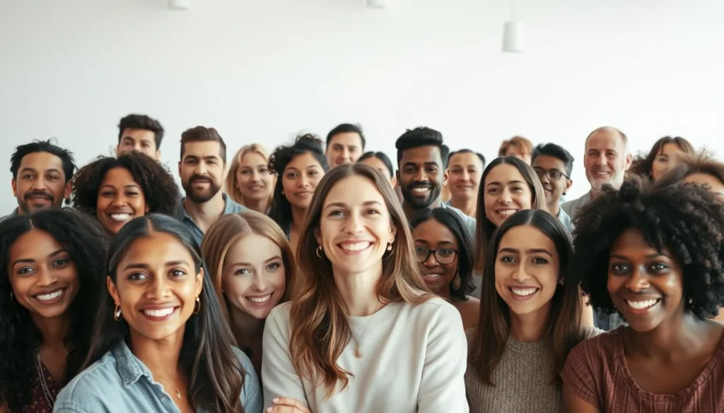 Grupo diverso de pessoas sorrindo representando diferentes públicos