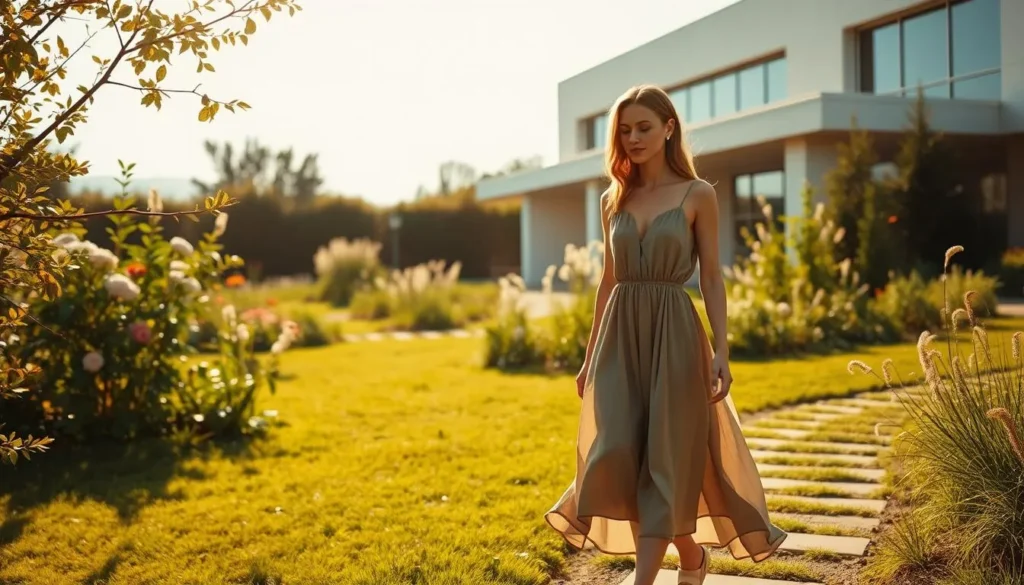 Mulher com vestido leve em ambiente natural representando moda sustentável